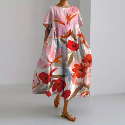 VIBEKE® | FLOWER PRINT V-CUT LINEN DRESS