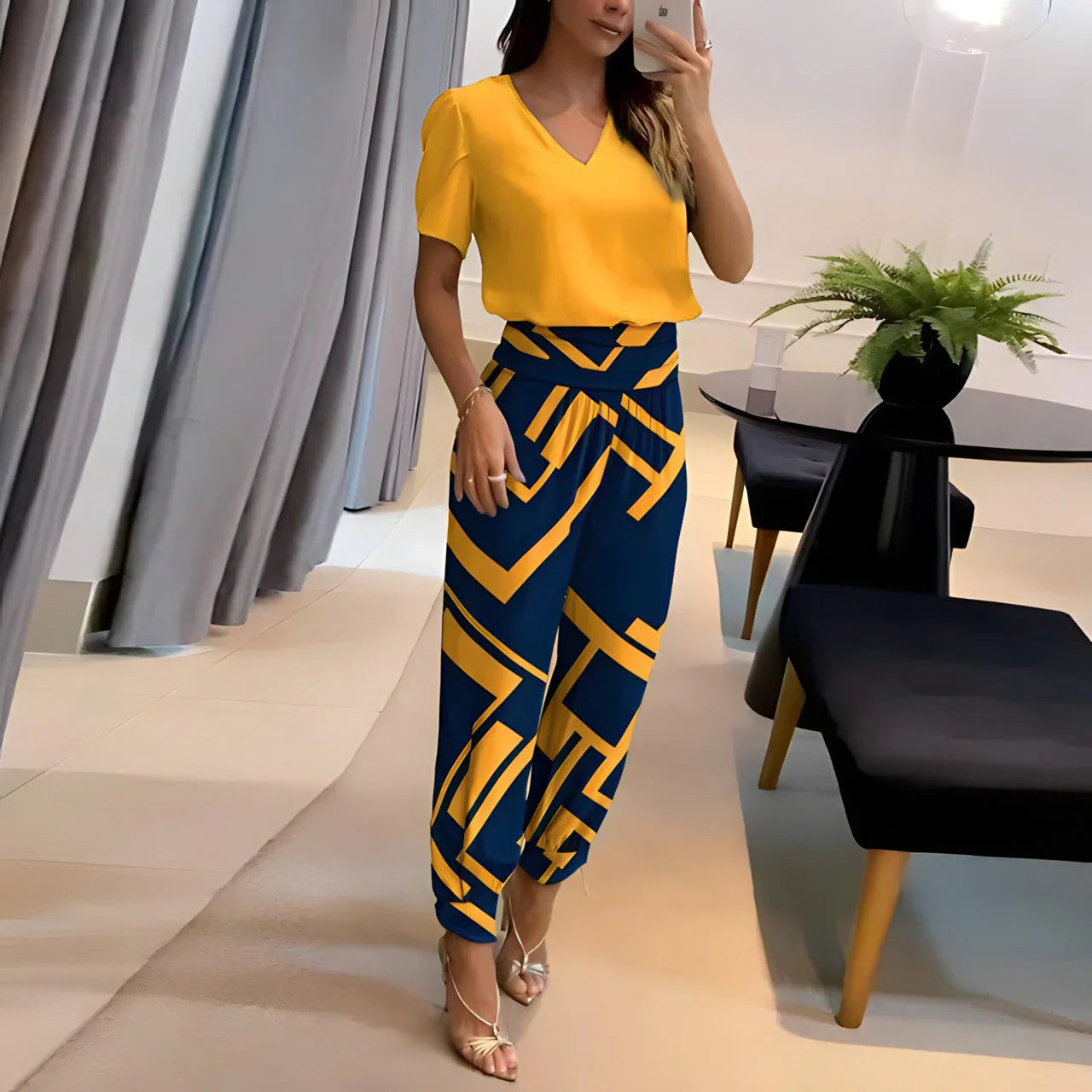 Elena – Fashionable Blouse and Pants Set with Tummy Coverage