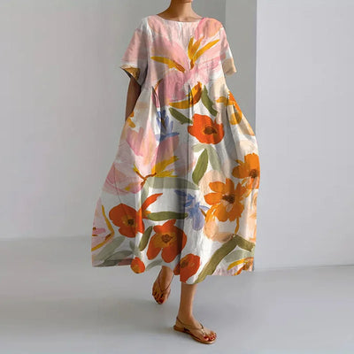 VIBEKE® | FLOWER PRINT V-CUT LINEN DRESS