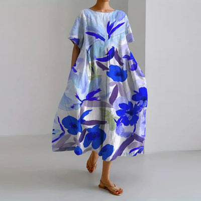 VIBEKE® | FLOWER PRINT V-CUT LINEN DRESS